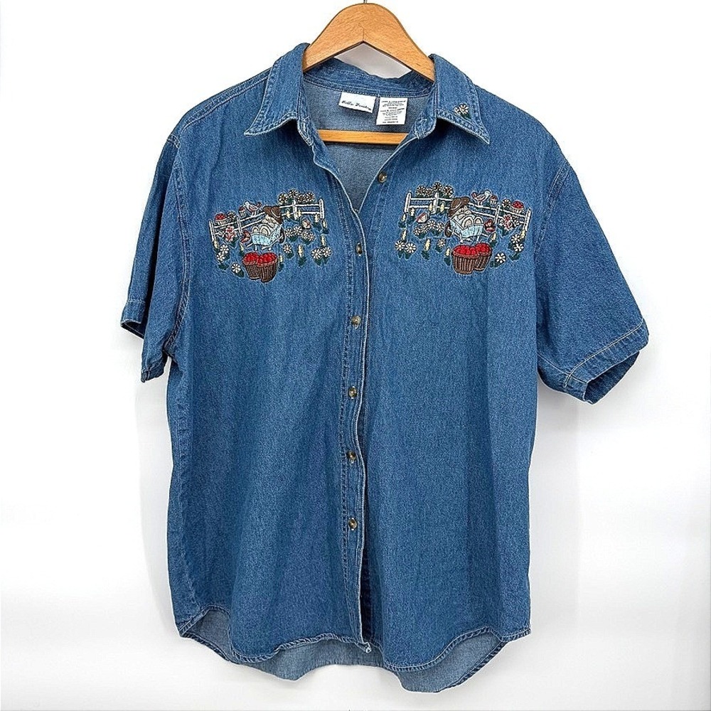 Bobbie Brooks Denim‎ Button Up Shirt Embroidered Gardening Farm Cottagecore LG
